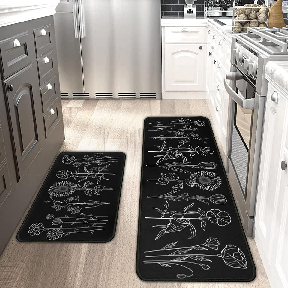 Znutrce Farmhouse Flower Kitchen Mats for Floor Set of 2,Anti Fatigue Mats for Kitchen Floor,Comfort Standing Floral Kitchen Rugs and Mat,Non-Slip Washable Cushioned Anti Fatigue Rug.17"X47"+17"X30"