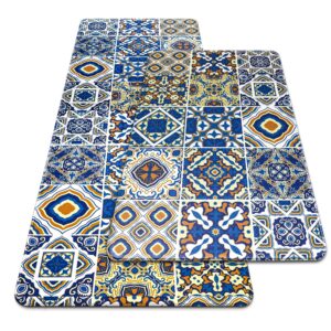 Lidimei Anti Fatigue Mats for Kitchen Floor, Kitchen Mats Cushioned Anti Fatigue 2 Piece Set 17"x47"+17×28", Non Skid Waterproof Kitchen Mats for Floor, Blue Bohemia Kitchen Rugs