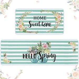 hello spring sweet home kitchen rugs sets of 2 spring flowers non slip floor mat watercolor stripes decorative rug washable rubber backing inside door mat pad for kitchen bathroom farmhouse decoration