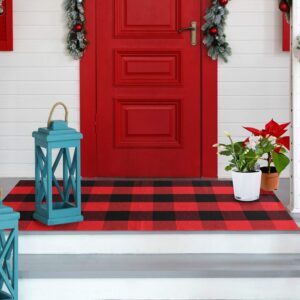 vudeco christmas rug 23.5” x 52” black and red buffalo plaid rug outdoor indoor, christmas door mats decor for front door christmas welcome mat christmas kitchen rug decoration