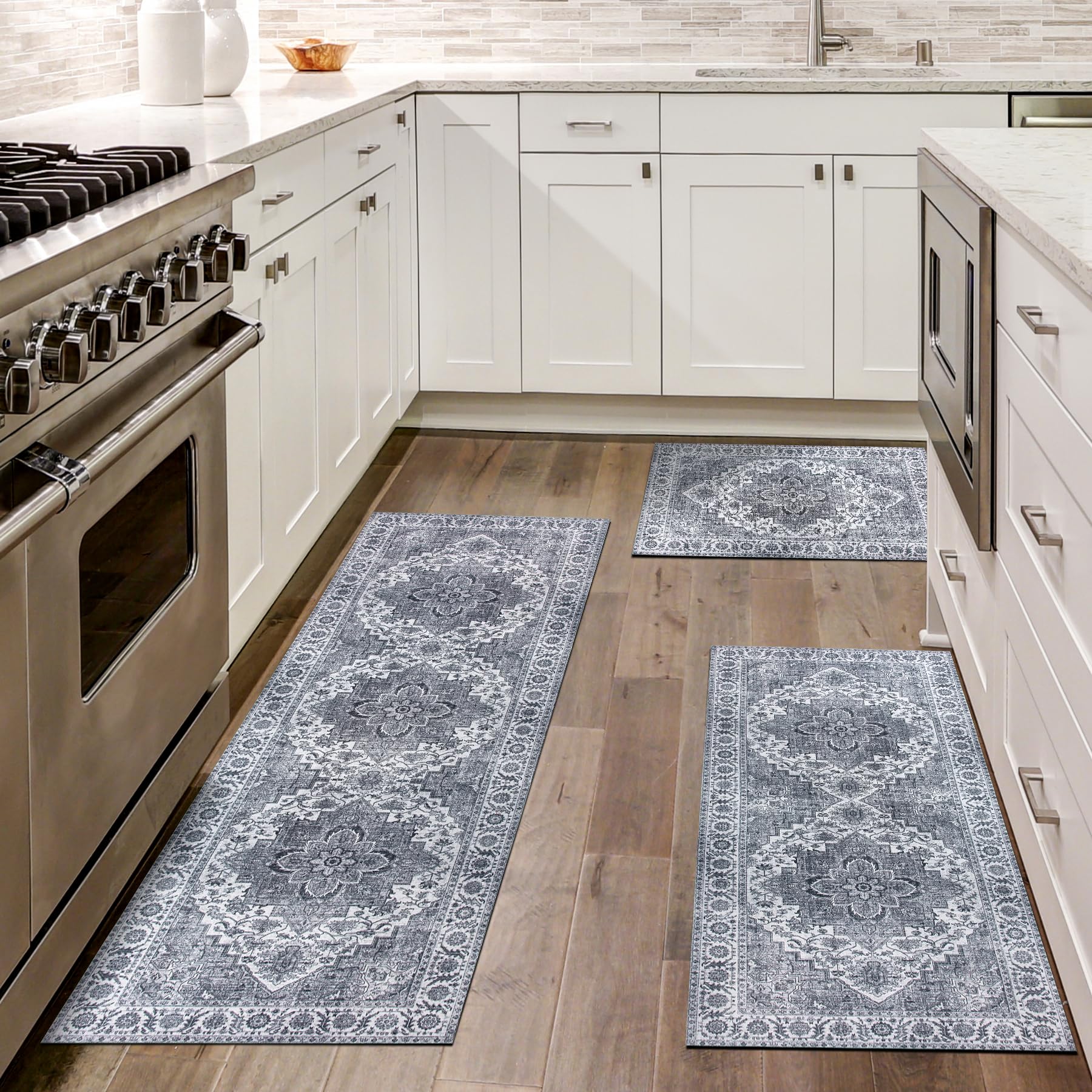 WOBUBU Kitchen Rugs Sets of 3 Washable Kitchen Mats for Floor 3 Piece Kitchen Rug Set Non Slip Kitchen Runner Carpets for Laundry Room Entryway Grey