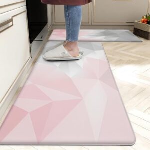 chiinvent pink kitchen rug set of 2, anti-fatigue pink and grey marble kitchen mat, non-slip waterproof comfort standing pvc kitchen mats for floor, memory foam cushioned rugs,17.3"x28"+17.3"x47"