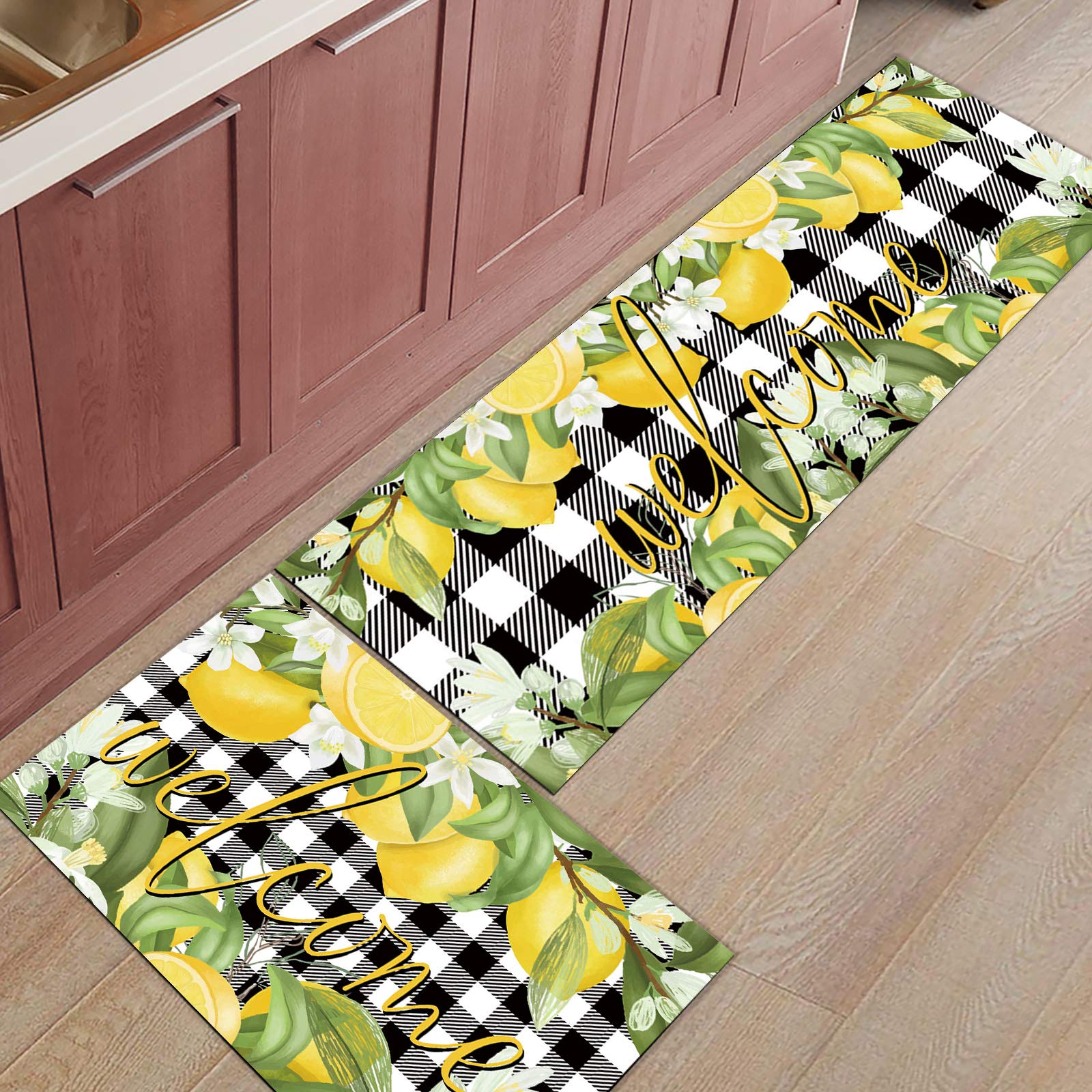 Aomike Summer Lemon Kitchen Mats 2 Piece, Lemon Green Leaves Flower Welcome Kitchen Rugs Set Buffalo Plaid Check Inside Floor Mat for Kitchen/Office/Entryway, 15.7" x 23.6"+15.7" x 47.2"