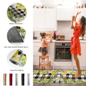 Aomike Summer Lemon Kitchen Mats 2 Piece, Lemon Green Leaves Flower Welcome Kitchen Rugs Set Buffalo Plaid Check Inside Floor Mat for Kitchen/Office/Entryway, 15.7" x 23.6"+15.7" x 47.2"