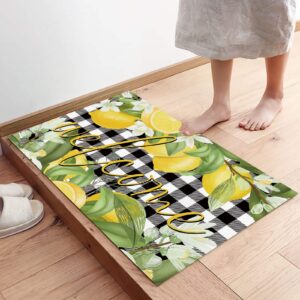 Aomike Summer Lemon Kitchen Mats 2 Piece, Lemon Green Leaves Flower Welcome Kitchen Rugs Set Buffalo Plaid Check Inside Floor Mat for Kitchen/Office/Entryway, 15.7" x 23.6"+15.7" x 47.2"