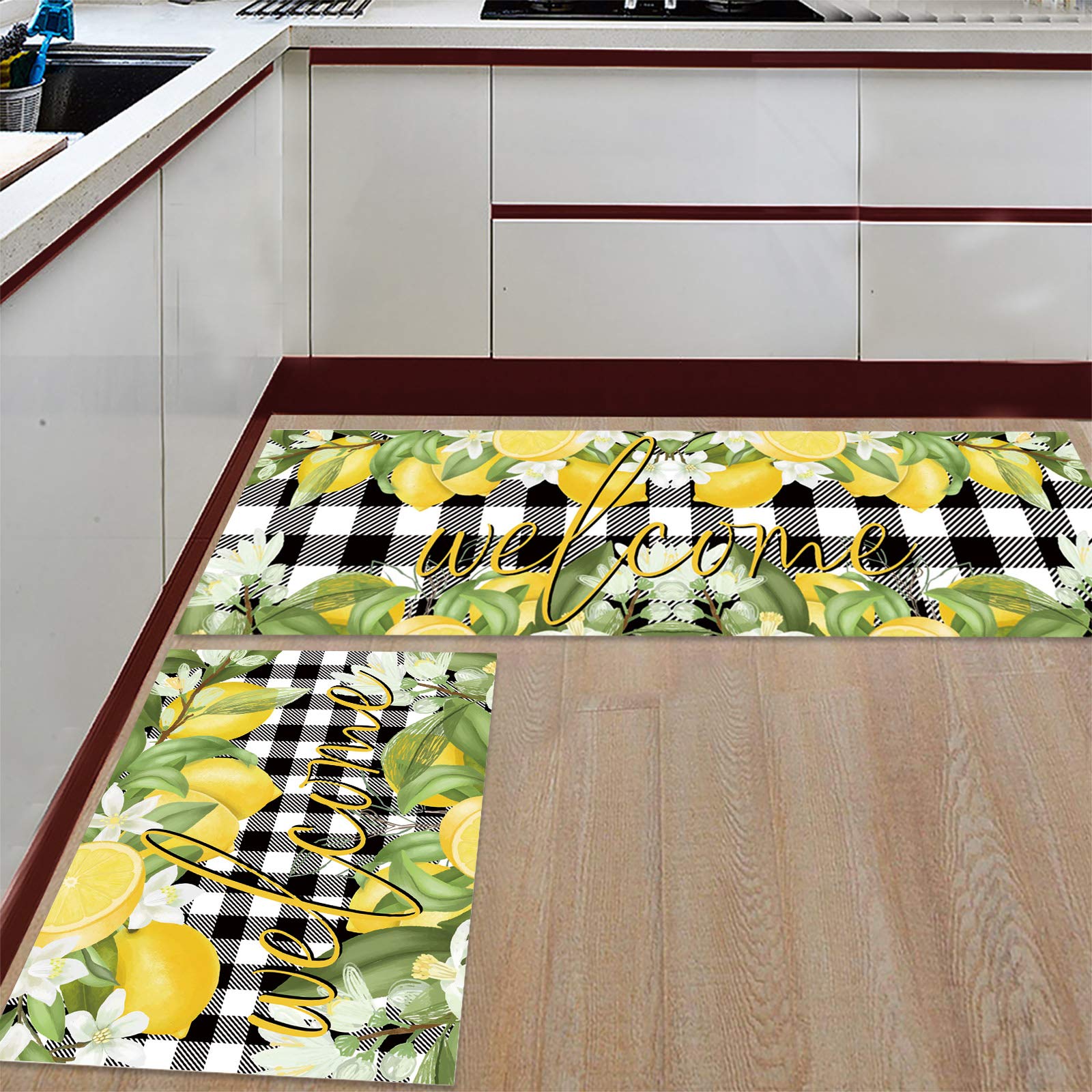 Aomike Summer Lemon Kitchen Mats 2 Piece, Lemon Green Leaves Flower Welcome Kitchen Rugs Set Buffalo Plaid Check Inside Floor Mat for Kitchen/Office/Entryway, 15.7" x 23.6"+15.7" x 47.2"