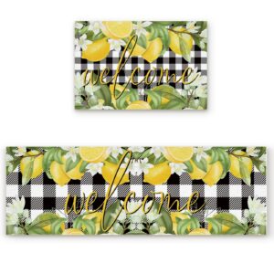 Aomike Summer Lemon Kitchen Mats 2 Piece, Lemon Green Leaves Flower Welcome Kitchen Rugs Set Buffalo Plaid Check Inside Floor Mat for Kitchen/Office/Entryway, 15.7" x 23.6"+15.7" x 47.2"