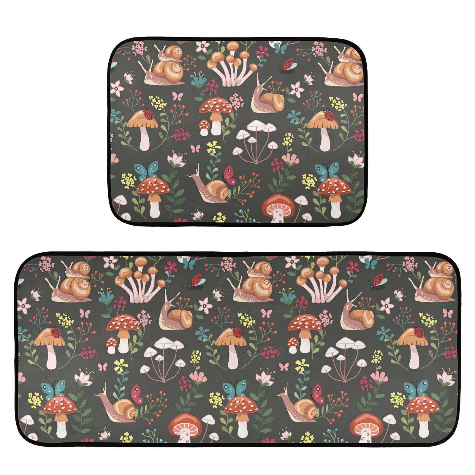 Mushroom with Snails Kitchen Mat Set of 2 Anti Fatigue Mat, Non Slip Cushioned Mat Runner Rug Doormat for Kitchen, Sink, Laundry, Bathroom, Home Decor