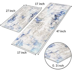 AQQA Rugs for Kitchen Floor, Area Rug Blue and Grey Abstract Art Painting Kitchen Rug Sets,Non Slip Rugs and Mats Anti Fatigue Comfort Standing Rug for Bathroom, Laundry, Bedroom,17"x 27"+17"x 47"