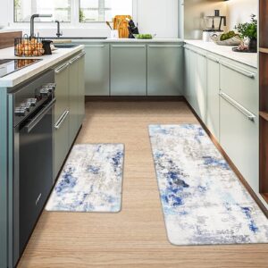 AQQA Rugs for Kitchen Floor, Area Rug Blue and Grey Abstract Art Painting Kitchen Rug Sets,Non Slip Rugs and Mats Anti Fatigue Comfort Standing Rug for Bathroom, Laundry, Bedroom,17"x 27"+17"x 47"