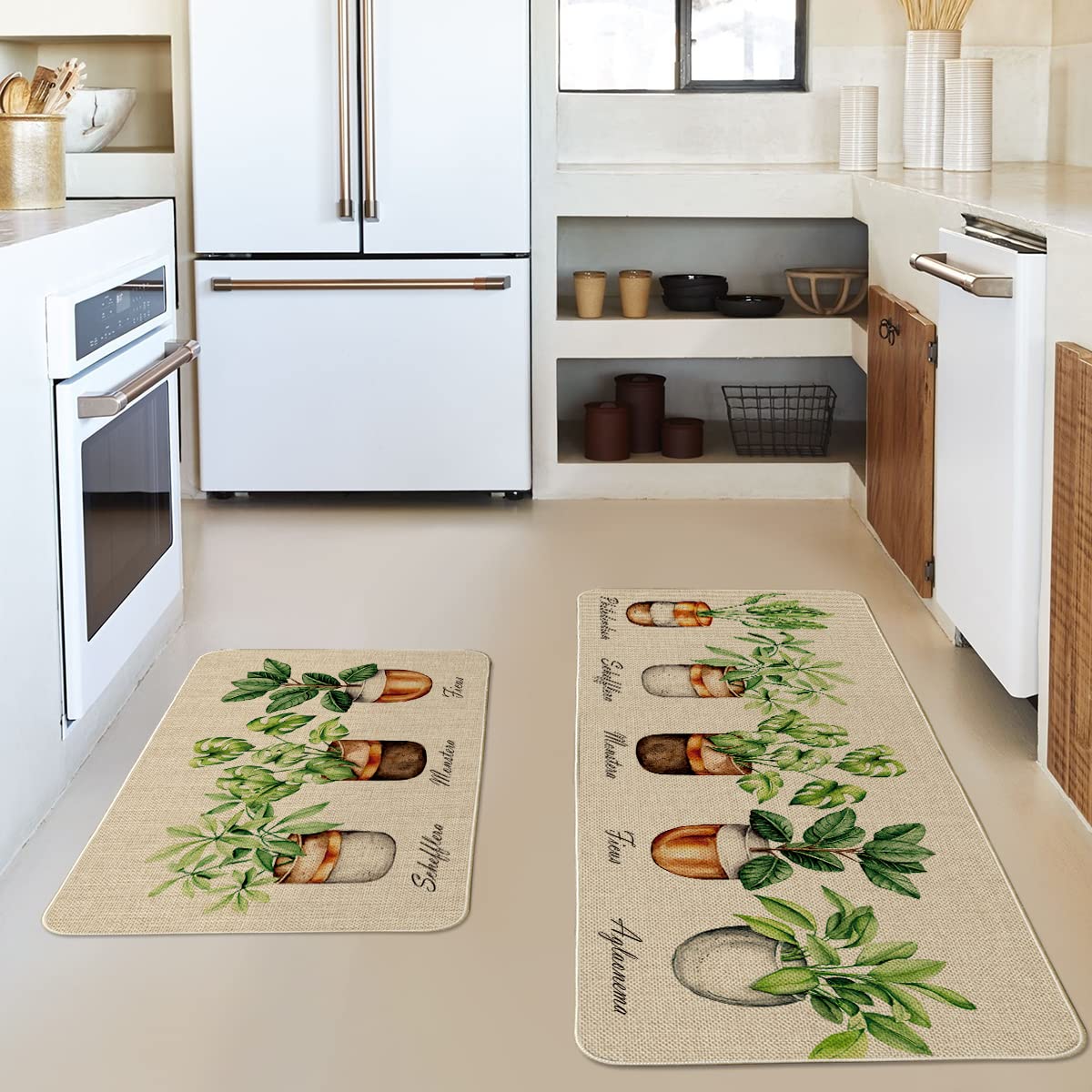 Artoid Mode Schefflera Monstera Ficus Summer Kitchen Mats Set of 2, Hello Sunshine Home Decor Low-Profile Kitchen Rugs for Floor - 17x29 and 17x47 Inch