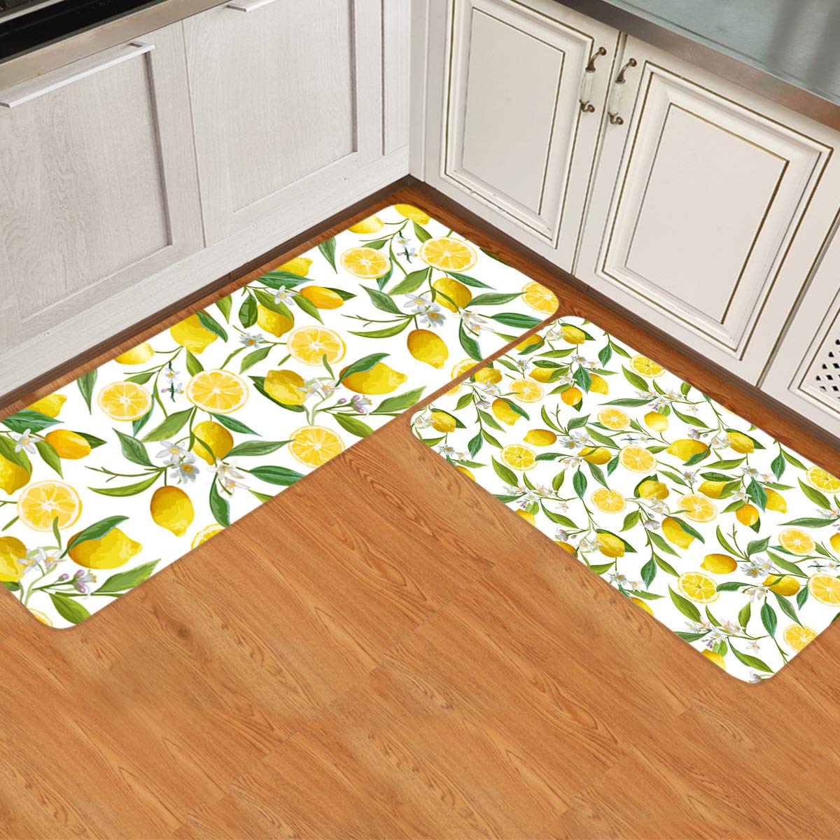 Kitchen Rug Set 2 Pieces Cushioned Kitchen Floor Mats Comfort Soft Standing Doormat, Non Slip Rugs and Runner Summer Fruit Yellow Lemon Floal