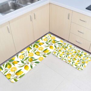 Kitchen Rug Set 2 Pieces Cushioned Kitchen Floor Mats Comfort Soft Standing Doormat, Non Slip Rugs and Runner Summer Fruit Yellow Lemon Floal