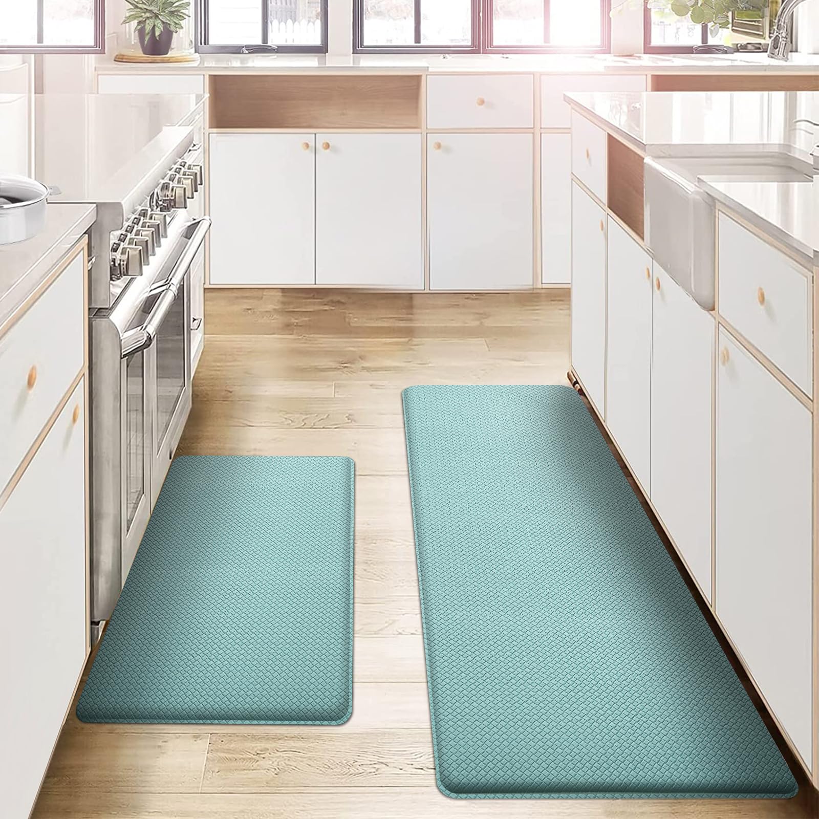 AUTODECO Kitchen Mats and Rugs Set of 2 - Cushioned Anti-Fatigue Kitchen Rug for Floor Washable 17"x29" +17"x59", Turquoise