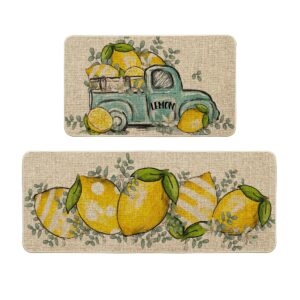artoid mode eucalyptus lemon truck summer kitchen mats set of 2, spring home decor low-profile kitchen rugs for floor - 17x29 and 17x47 inch