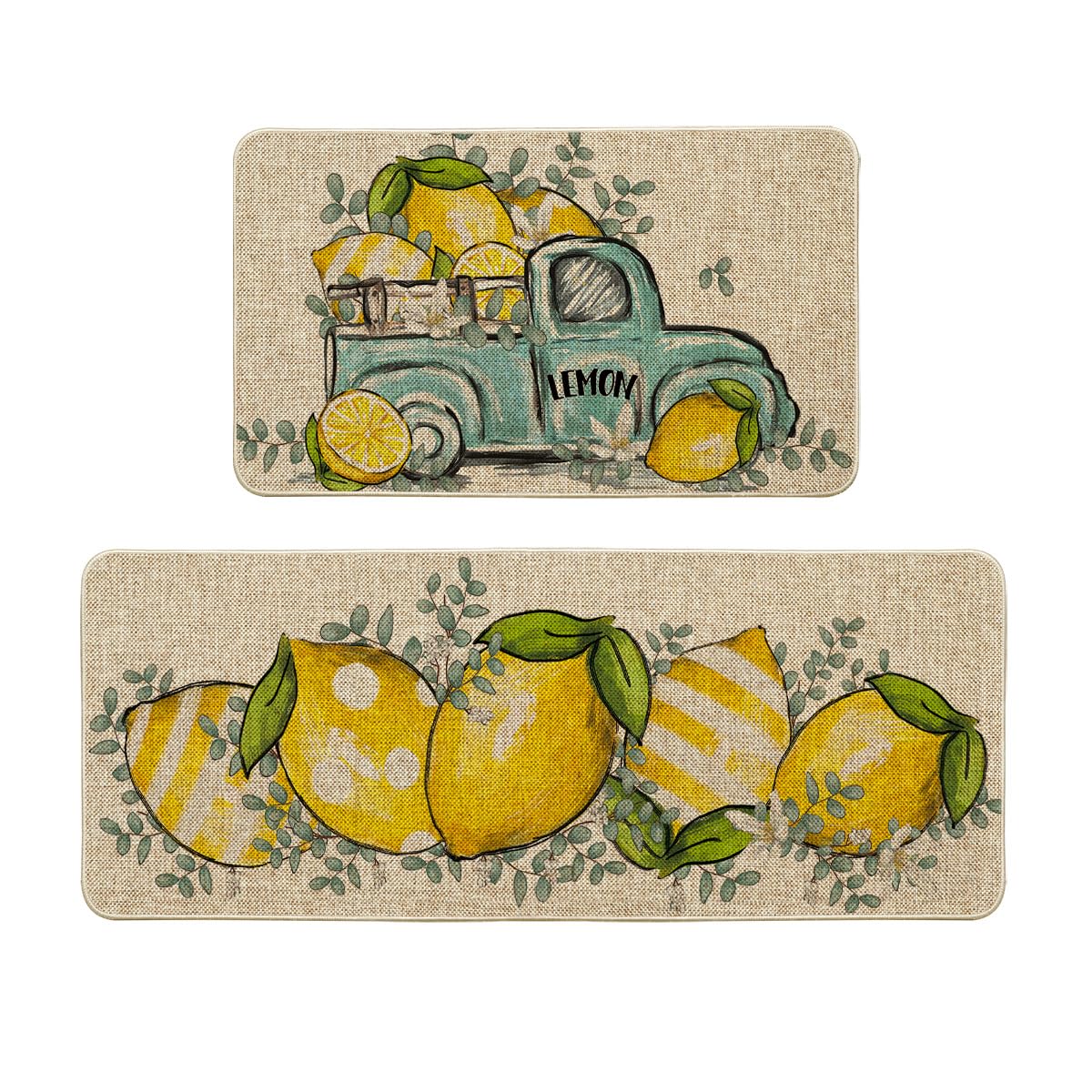 Artoid Mode Eucalyptus Lemon Truck Summer Kitchen Mats Set of 2, Spring Home Decor Low-Profile Kitchen Rugs for Floor - 17x29 and 17x47 Inch