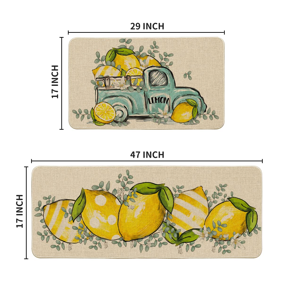 Artoid Mode Eucalyptus Lemon Truck Summer Kitchen Mats Set of 2, Spring Home Decor Low-Profile Kitchen Rugs for Floor - 17x29 and 17x47 Inch