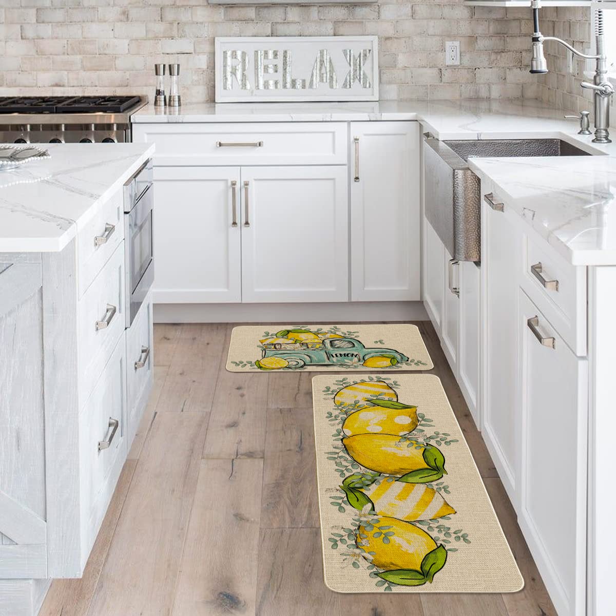 Artoid Mode Eucalyptus Lemon Truck Summer Kitchen Mats Set of 2, Spring Home Decor Low-Profile Kitchen Rugs for Floor - 17x29 and 17x47 Inch