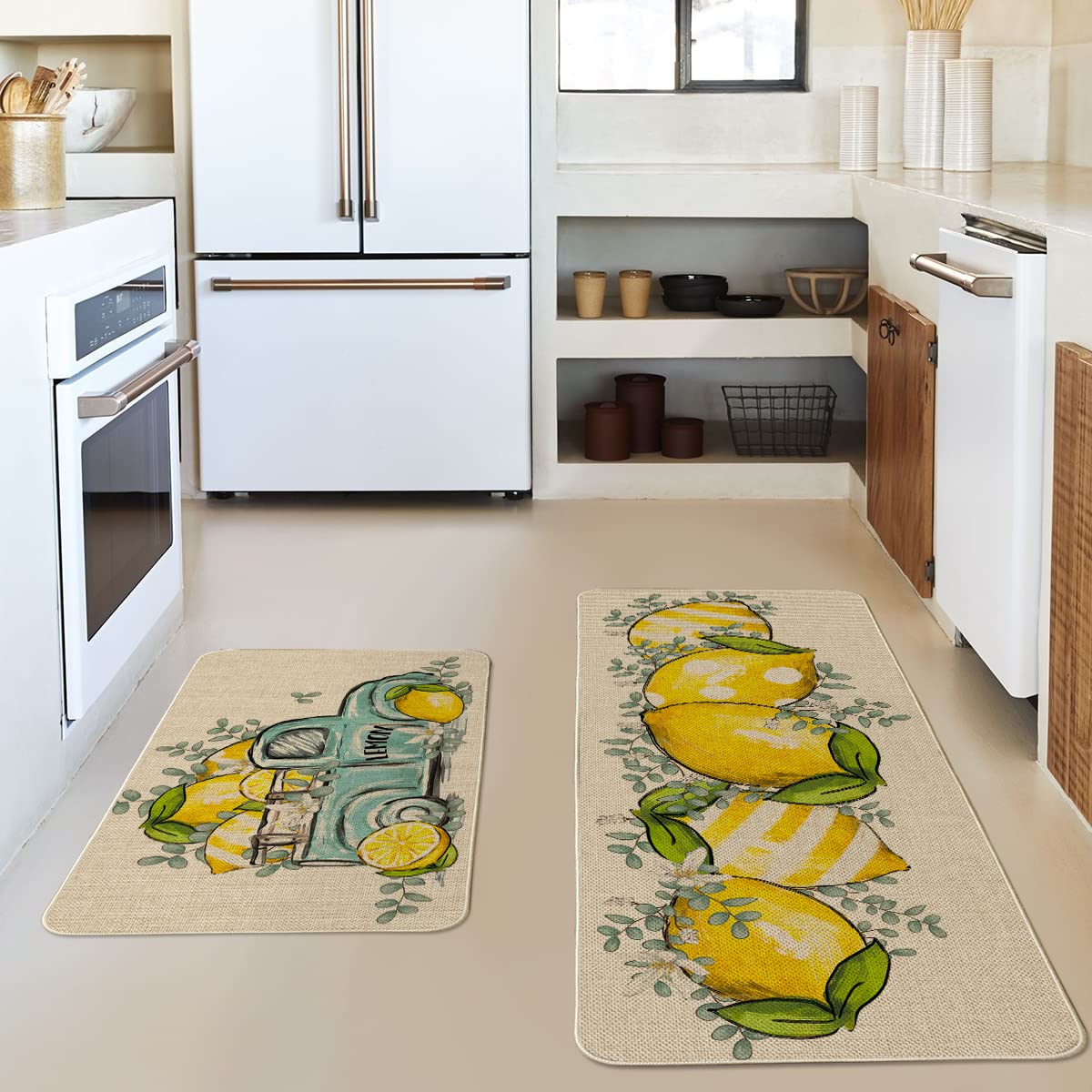 Artoid Mode Eucalyptus Lemon Truck Summer Kitchen Mats Set of 2, Spring Home Decor Low-Profile Kitchen Rugs for Floor - 17x29 and 17x47 Inch