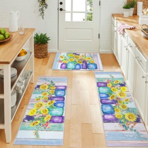 ileading kitchen mat set of 3, sunflower blooming in a colorful vase decorative 3 piece runner rugs, non skid machine washable standing floor mat for laundry sink laundry hallway doormat(blue)