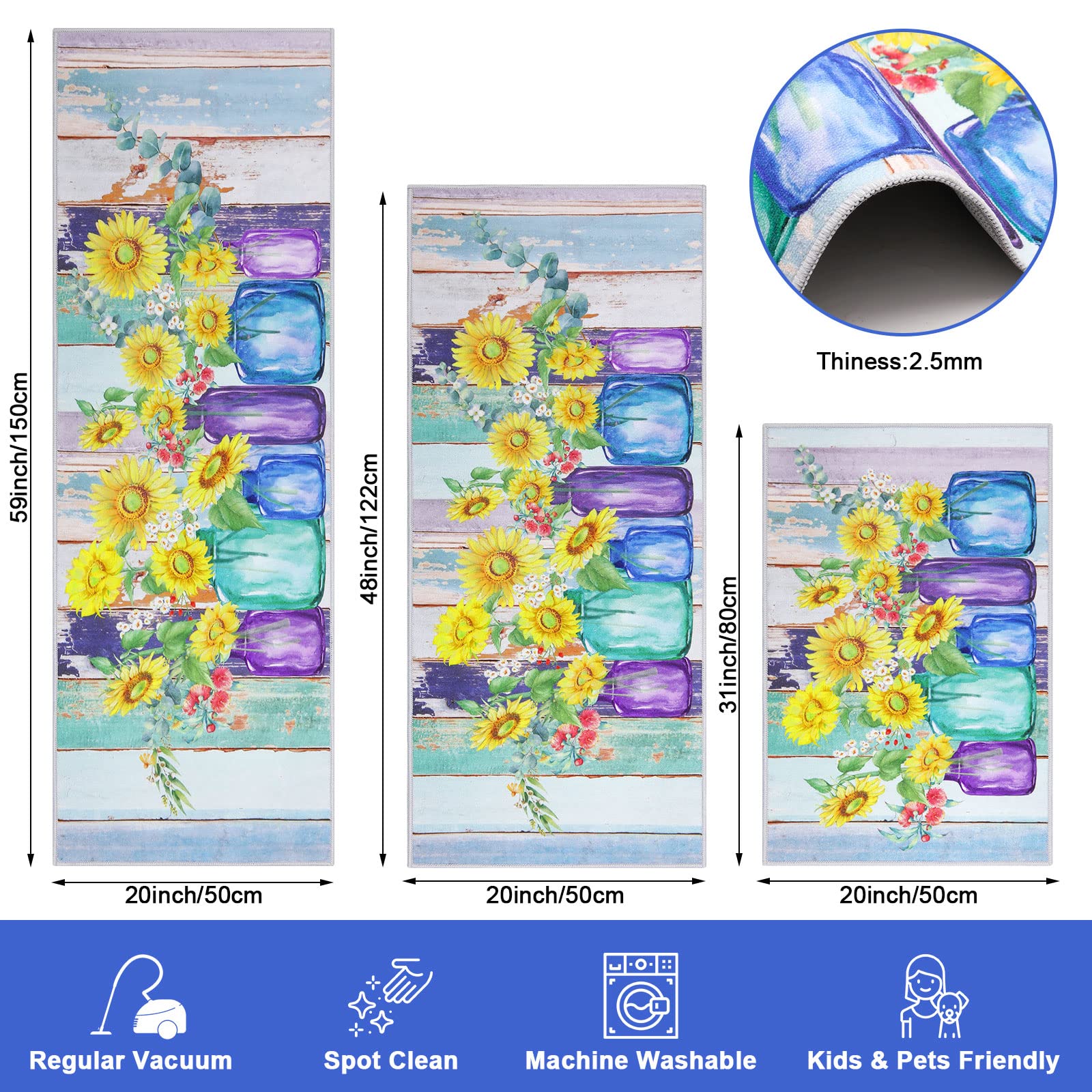 Ileading Kitchen Mat Set of 3, Sunflower Blooming in A Colorful Vase Decorative 3 Piece Runner Rugs, Non Skid Machine Washable Standing Floor Mat for Laundry Sink Laundry Hallway Doormat(Blue)