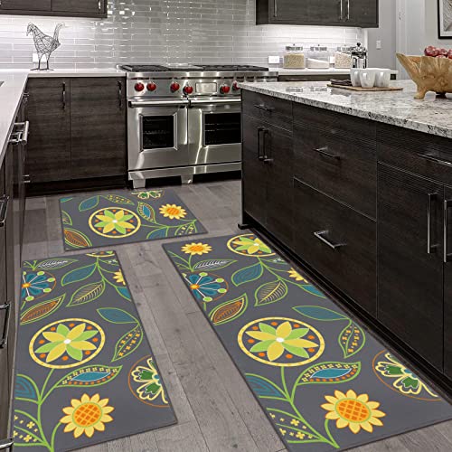 HEBE Floral Kitchen Rug Sets 3 Piece with Runner Non Slip Kitchen Rugs and Mats Washable Kitchen Mats for Floor Boho Area Rugs Doormat Carpet for Hallway Entryway Laundry Living Room