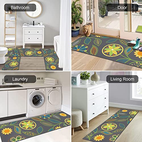 HEBE Floral Kitchen Rug Sets 3 Piece with Runner Non Slip Kitchen Rugs and Mats Washable Kitchen Mats for Floor Boho Area Rugs Doormat Carpet for Hallway Entryway Laundry Living Room