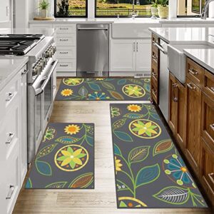 HEBE Floral Kitchen Rug Sets 3 Piece with Runner Non Slip Kitchen Rugs and Mats Washable Kitchen Mats for Floor Boho Area Rugs Doormat Carpet for Hallway Entryway Laundry Living Room