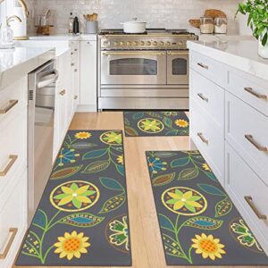 HEBE Floral Kitchen Rug Sets 3 Piece with Runner Non Slip Kitchen Rugs and Mats Washable Kitchen Mats for Floor Boho Area Rugs Doormat Carpet for Hallway Entryway Laundry Living Room