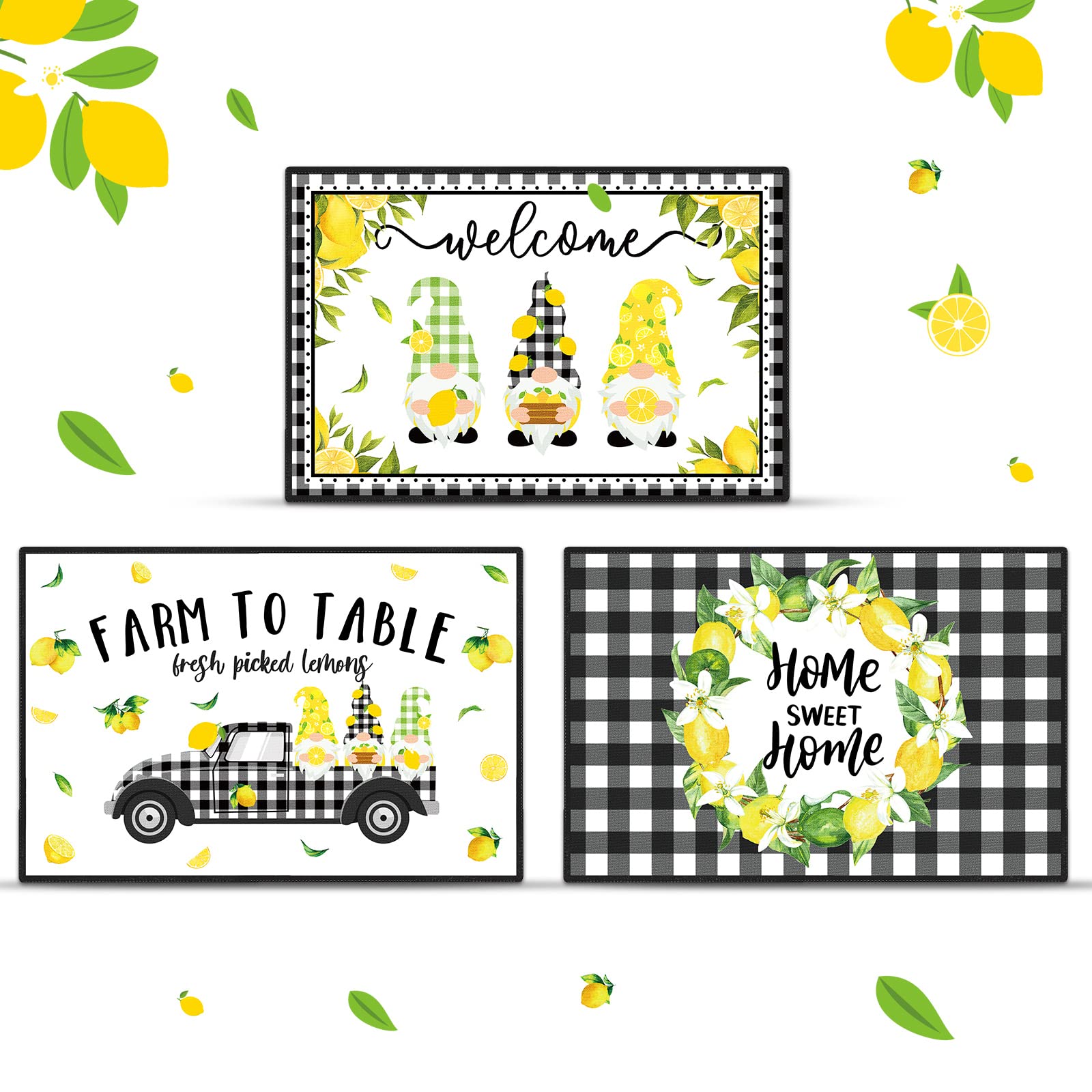 3 Pcs Lemon Themed Kitchen Mat Gnome Rug Boho Non Skid Kitchen Lemon Print Standing Mat Washable Floor Comfort Rubber Runner Rugs for Home Office Sink, 15.8 x 23.6 Inches