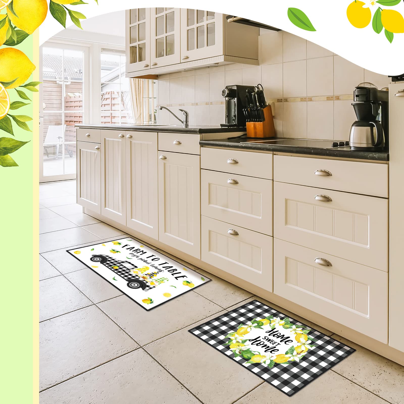 3 Pcs Lemon Themed Kitchen Mat Gnome Rug Boho Non Skid Kitchen Lemon Print Standing Mat Washable Floor Comfort Rubber Runner Rugs for Home Office Sink, 15.8 x 23.6 Inches