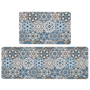 blue boho kitchen mats set of 2 cushioned anti-fatigue kitchen rugs waterproof kitchen floor rug washable comfort standing mat kitchen carpet runner rug for sink laundry,17.3x28+17.3x47 inch