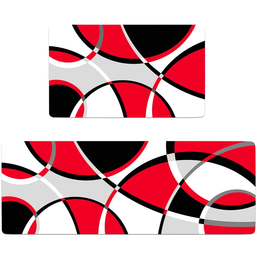 Red Grey Black White Abstract Art Kitchen Rugs and Mats Set of 2 Anti-Fatigue Cushioned Kitchen Floor Mat Non-Slip Backing Washable Kitchen Rugs Set for Home Office Laundry