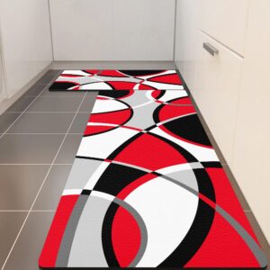 Red Grey Black White Abstract Art Kitchen Rugs and Mats Set of 2 Anti-Fatigue Cushioned Kitchen Floor Mat Non-Slip Backing Washable Kitchen Rugs Set for Home Office Laundry