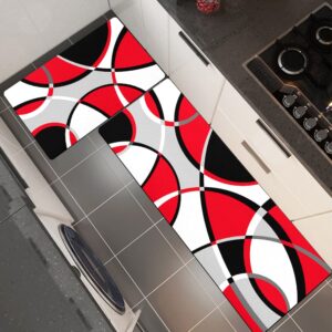 Red Grey Black White Abstract Art Kitchen Rugs and Mats Set of 2 Anti-Fatigue Cushioned Kitchen Floor Mat Non-Slip Backing Washable Kitchen Rugs Set for Home Office Laundry