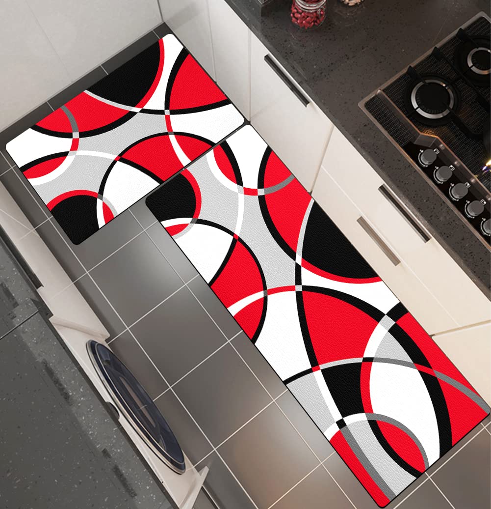 Red Grey Black White Abstract Art Kitchen Rugs and Mats Set of 2 Anti-Fatigue Cushioned Kitchen Floor Mat Non-Slip Backing Washable Kitchen Rugs Set for Home Office Laundry