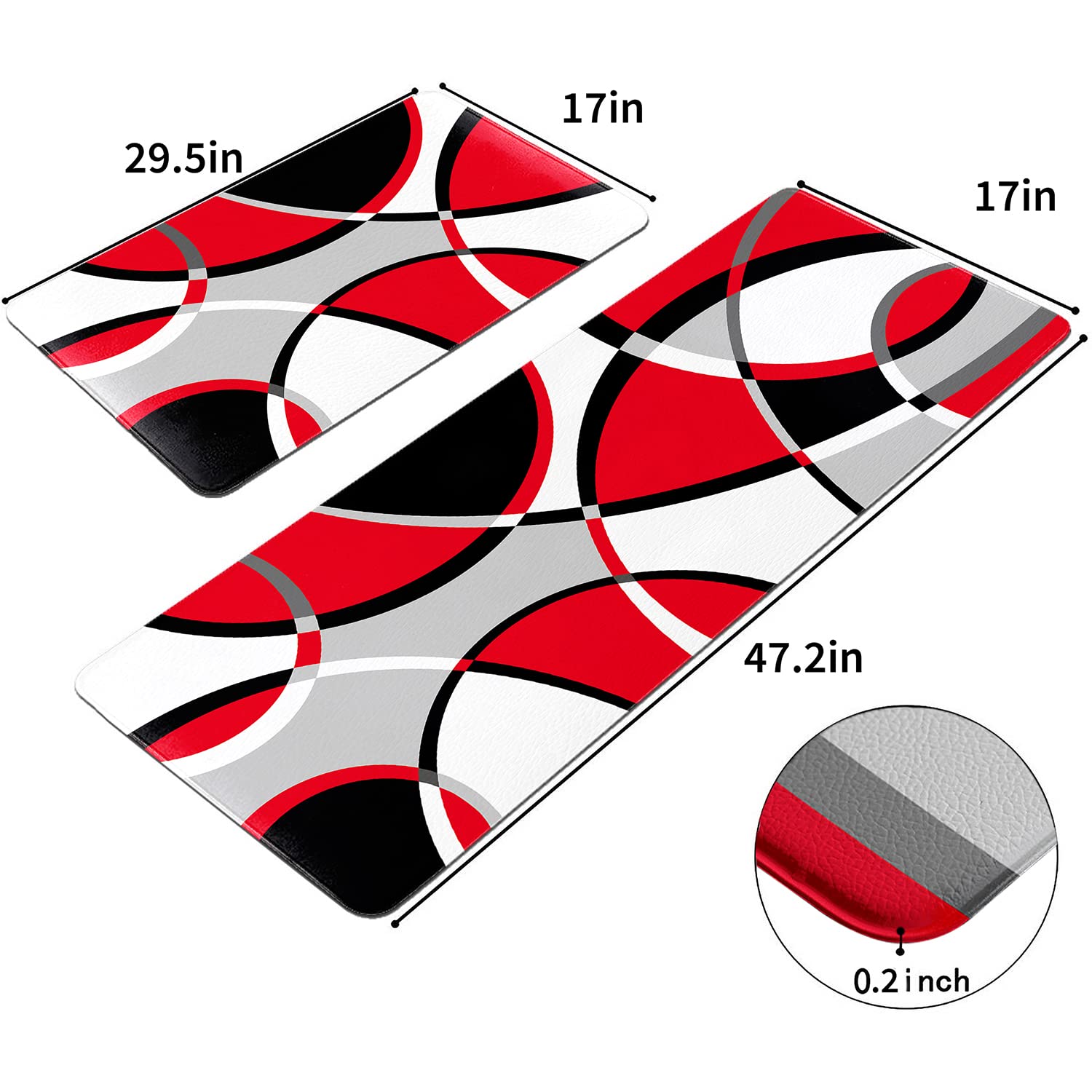 Red Grey Black White Abstract Art Kitchen Rugs and Mats Set of 2 Anti-Fatigue Cushioned Kitchen Floor Mat Non-Slip Backing Washable Kitchen Rugs Set for Home Office Laundry