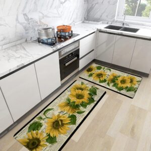 yellow sunflower kitchen mats 2 piece vintage sunflower floral farmhouse kitchen rugs sets non-slip waterproof cushioned anti fatigue floor mat for home kitchen laundry decor, 17.3" x28"+17.3" x 47"