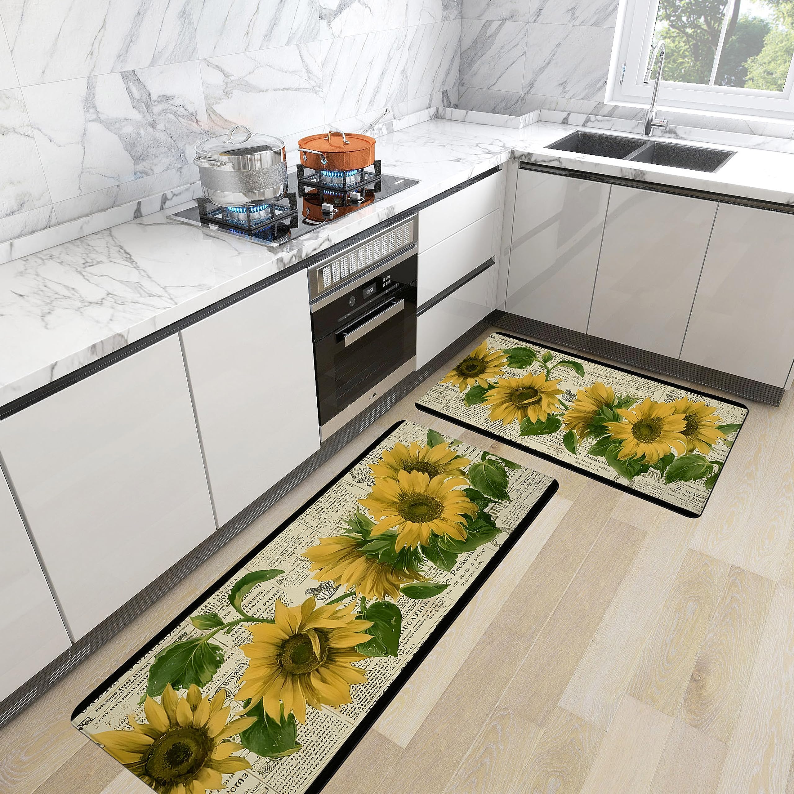 Yellow Sunflower Kitchen Mats 2 Piece Vintage Sunflower Floral Farmhouse Kitchen Rugs Sets Non-Slip Waterproof Cushioned Anti Fatigue Floor Mat for Home Kitchen Laundry Decor, 17.3" x28"+17.3" x 47"