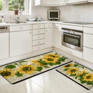 Yellow Sunflower Kitchen Mats 2 Piece Vintage Sunflower Floral Farmhouse Kitchen Rugs Sets Non-Slip Waterproof Cushioned Anti Fatigue Floor Mat for Home Kitchen Laundry Decor, 17.3" x28"+17.3" x 47"