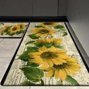 Yellow Sunflower Kitchen Mats 2 Piece Vintage Sunflower Floral Farmhouse Kitchen Rugs Sets Non-Slip Waterproof Cushioned Anti Fatigue Floor Mat for Home Kitchen Laundry Decor, 17.3" x28"+17.3" x 47"