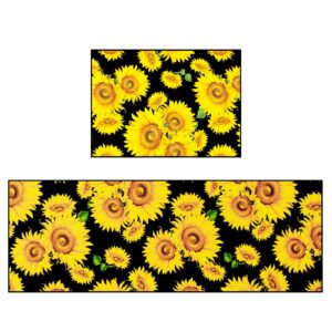 sunflower kitchen rugs and mats set 2 pcs, washable anti-fatigue non-slip durable comfort standing runner rug for kitchen, office, sink, laundry, living room (17"x48"+17"x24",black)