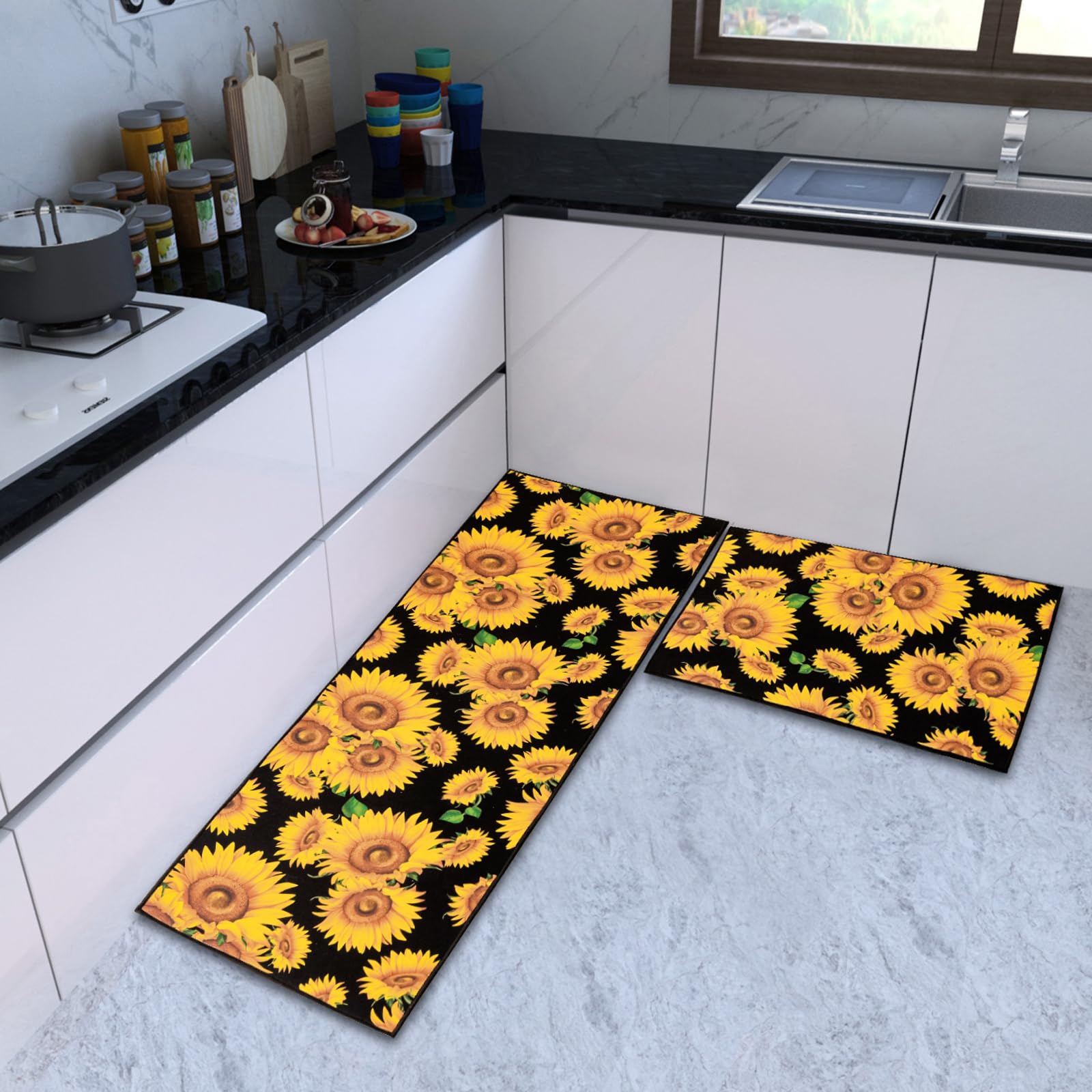 Sunflower Kitchen Rugs and Mats Set 2 PCS, Washable Anti-Fatigue Non-Slip Durable Comfort Standing Runner Rug for Kitchen, Office, Sink, Laundry, Living Room (17"x48"+17"x24",Black)