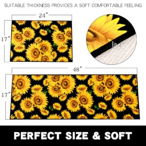 Sunflower Kitchen Rugs and Mats Set 2 PCS, Washable Anti-Fatigue Non-Slip Durable Comfort Standing Runner Rug for Kitchen, Office, Sink, Laundry, Living Room (17"x48"+17"x24",Black)
