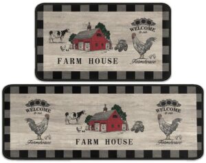 sianseir farmhouse buffalo plaid kitchen rugs rustic decor cow set of 2, black and grey washable runner rug decoration farmhouse kitchen mat 17"x47"+17"x30"