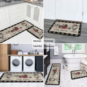 Sianseir Farmhouse Buffalo Plaid Kitchen Rugs Rustic Decor Cow Set of 2, Black and Grey Washable Runner Rug Decoration Farmhouse Kitchen Mat 17"x47"+17"x30"