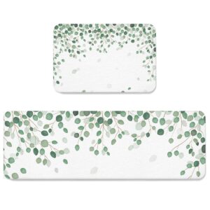 kitchen mat set of 2 anti-fatigue kitchen rug, watercolor green eucalyptus nature non-slip kitchen mats and rugs, kitchen doormat runner rug for floor home office sink laundry, spring plant green leaf