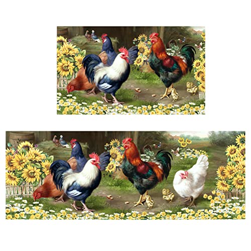 DOZARMOTA Rooster Kitchen Rug 2 Piece Set, Farmhouse Chicken Kitchen Rugs and Mats Non Skid Washable for Floor Anti Fatigue Sunflower Decor Kitchen Mat 17"x47"+17"x30"