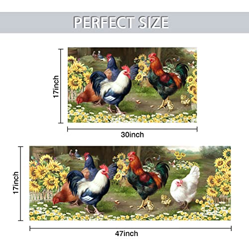 DOZARMOTA Rooster Kitchen Rug 2 Piece Set, Farmhouse Chicken Kitchen Rugs and Mats Non Skid Washable for Floor Anti Fatigue Sunflower Decor Kitchen Mat 17"x47"+17"x30"