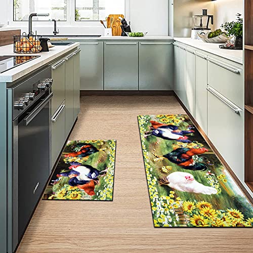 DOZARMOTA Rooster Kitchen Rug 2 Piece Set, Farmhouse Chicken Kitchen Rugs and Mats Non Skid Washable for Floor Anti Fatigue Sunflower Decor Kitchen Mat 17"x47"+17"x30"